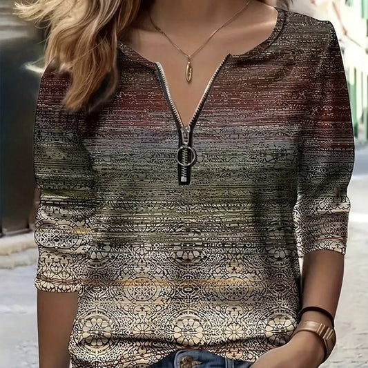 Women Retro Round Neck Printed Long Sleeve T-Shirt Top