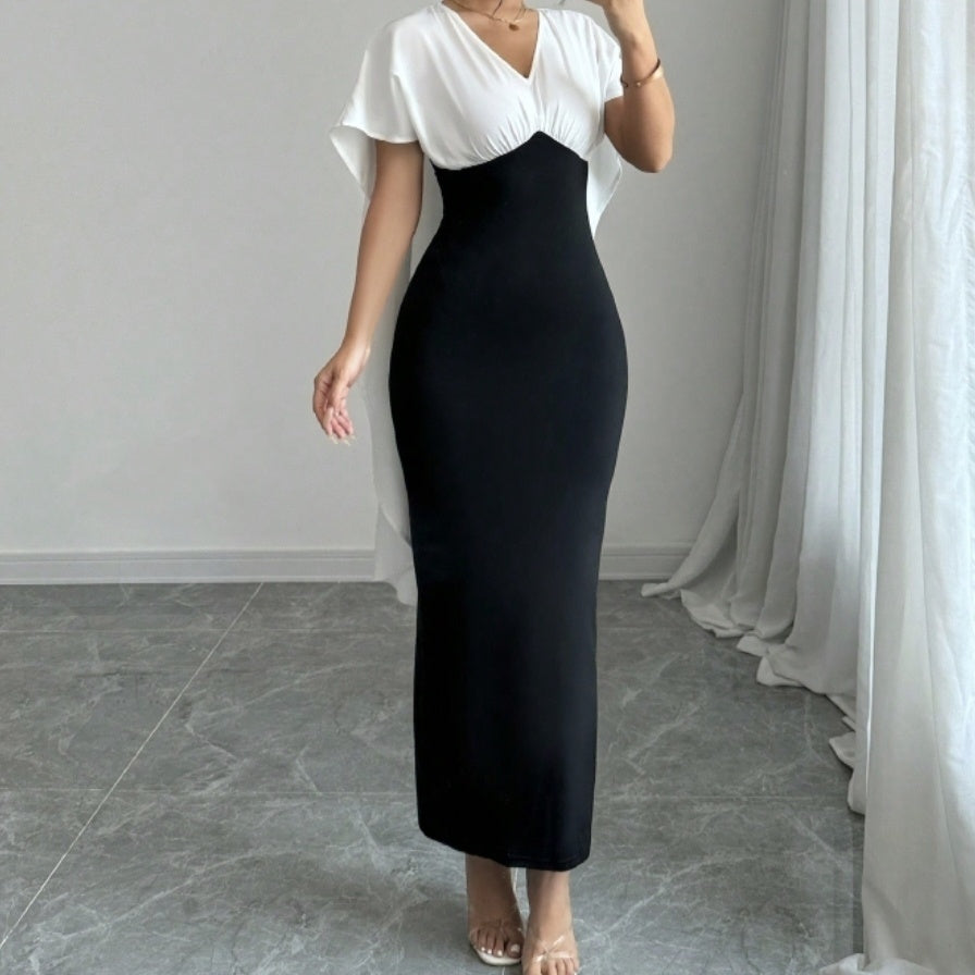 Ladies Elegant Casual V-Neck Colorblock Dress