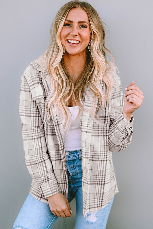 Khaki Plaid Removable Hood Buttoned Shacket Sto