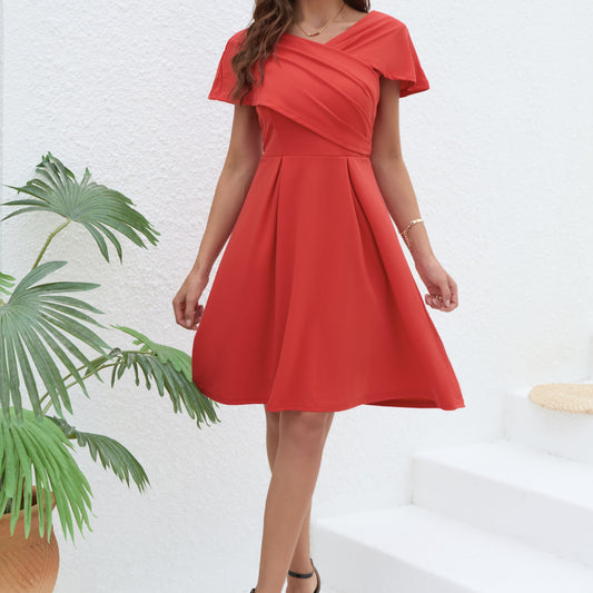 Women Solid Color V-Neck Slim Waist A-Line Dress