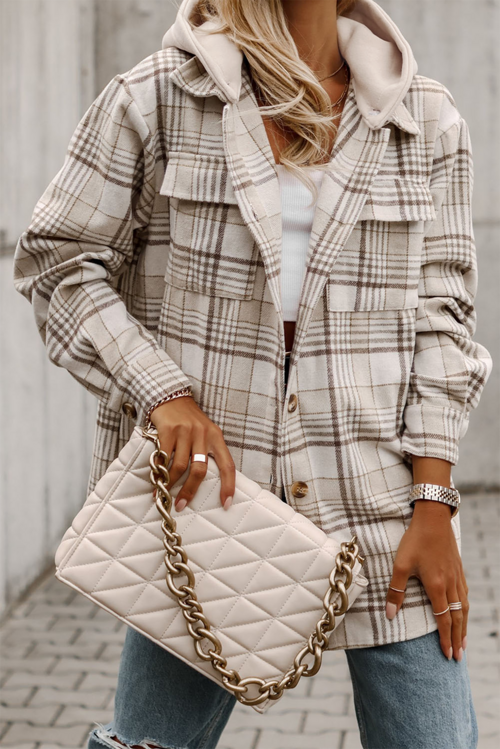 Khaki Plaid Removable Hood Buttoned Shacket Sto