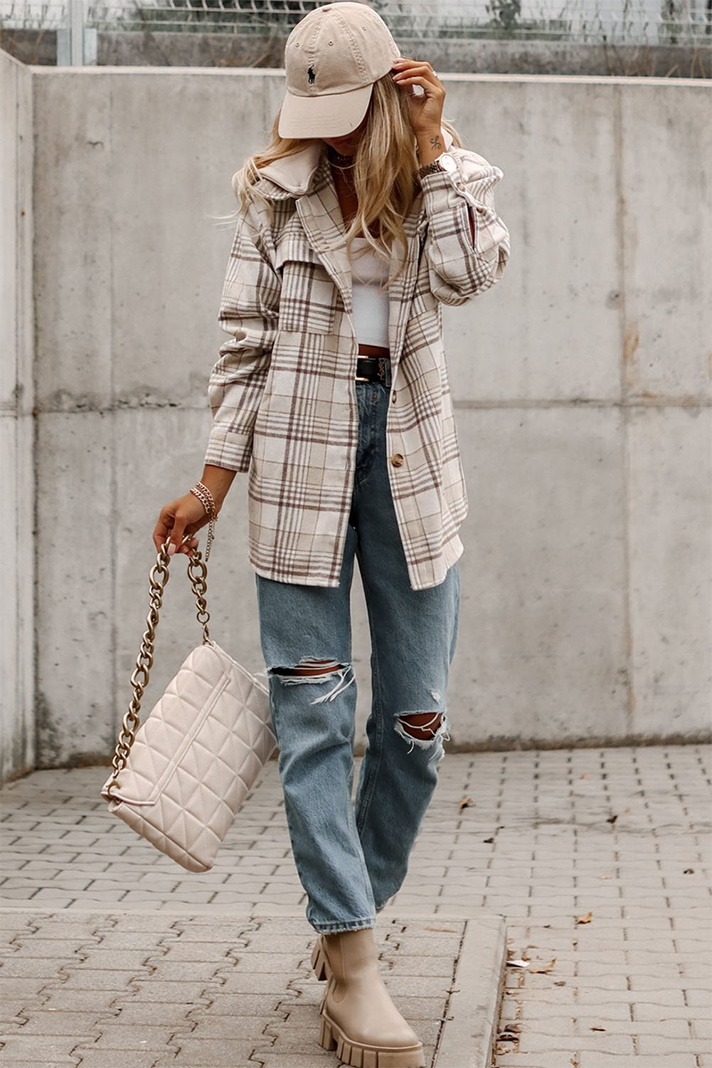Khaki Plaid Removable Hood Buttoned Shacket Sto