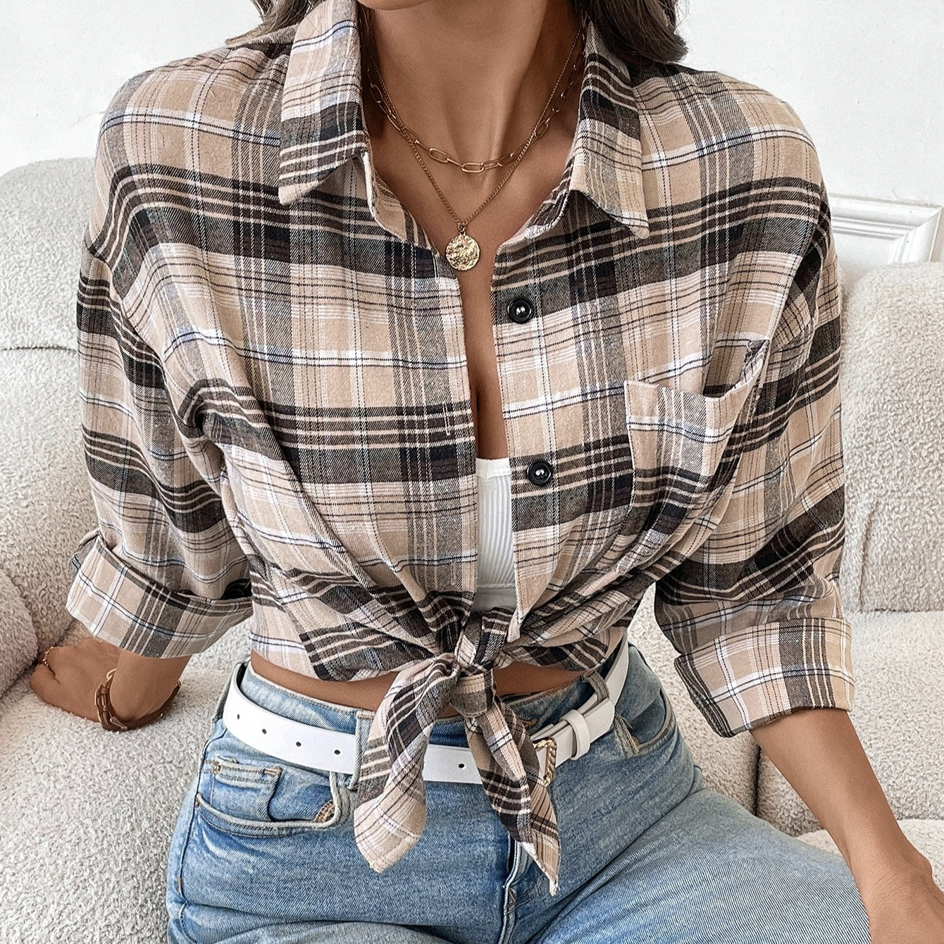 Ladies Long-Sleeved Casual All-Match Button-Down Plaid Shirt