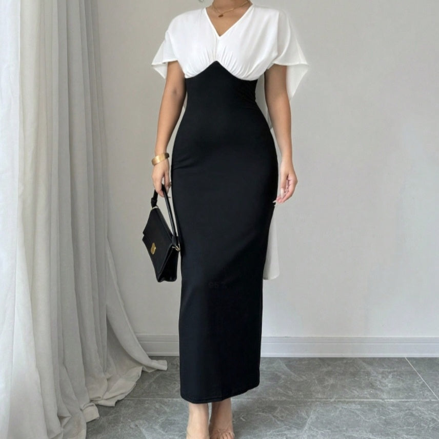 Ladies Elegant Casual V-Neck Colorblock Dress