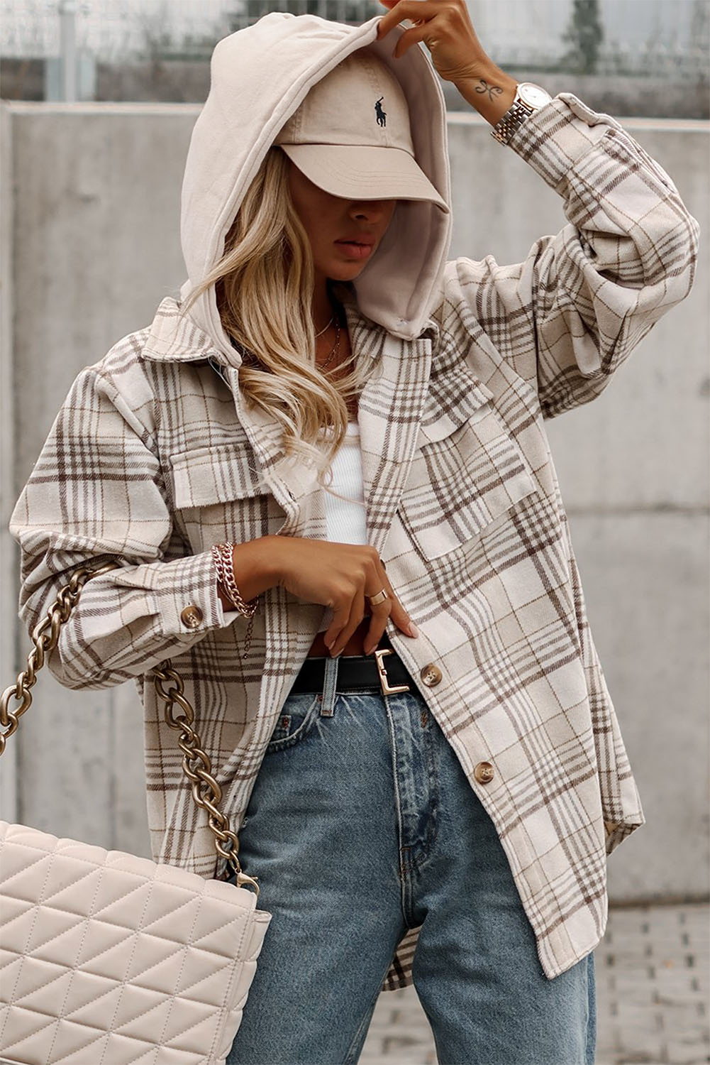 Khaki Plaid Removable Hood Buttoned Shacket Sto