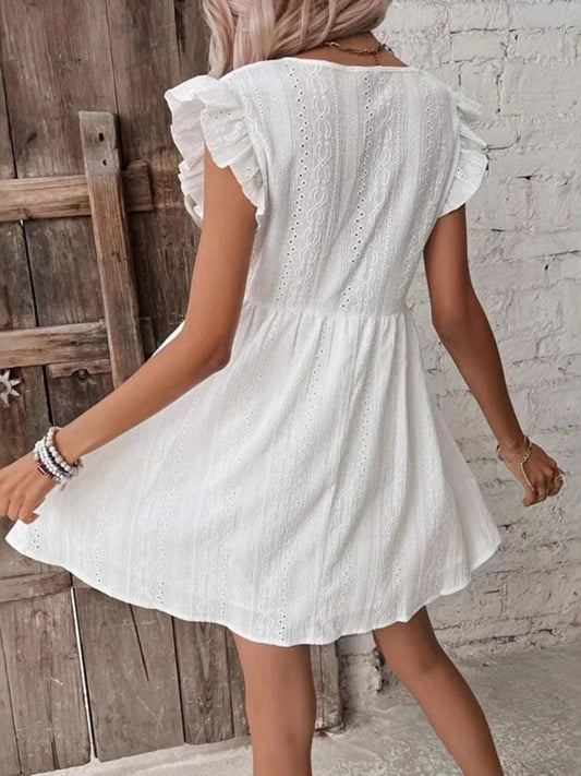 Ruffled V-Neck Cap Sleeve Mini Dress