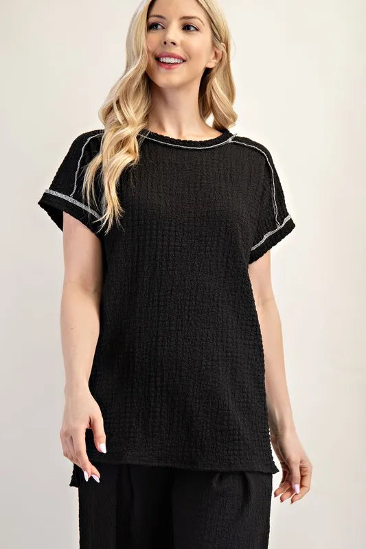 Celeste Full Size Relaxed-fit Textured Top with Short Sleeves Plus Siz