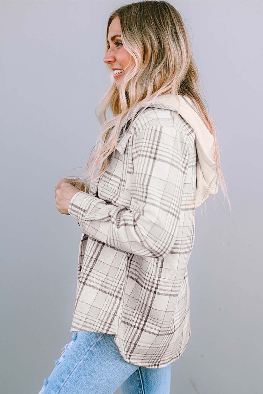 Khaki Plaid Removable Hood Buttoned Shacket Sto