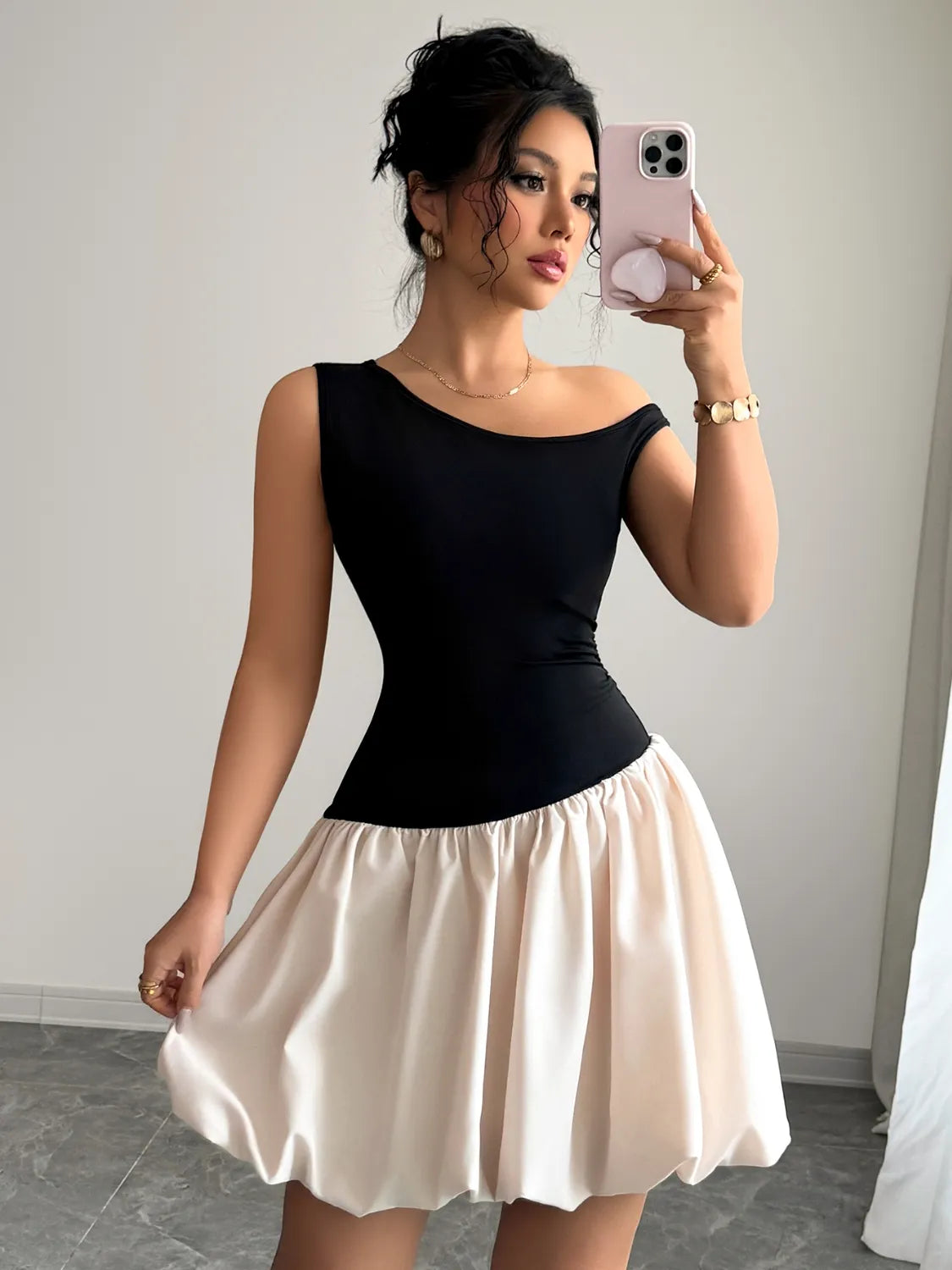 Contrast Single Shoulder Mini Tank Dress