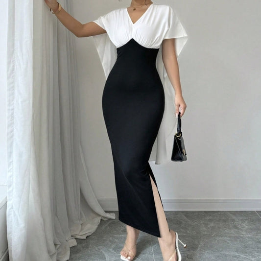 Ladies Elegant Casual V-Neck Colorblock Dress