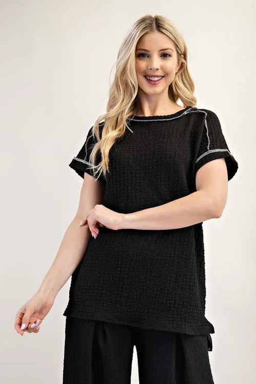 Celeste Full Size Relaxed-fit Textured Top with Short Sleeves Plus Siz