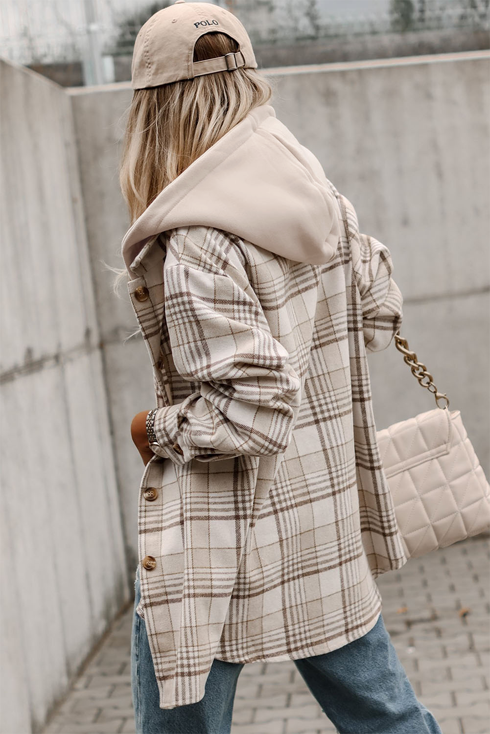 Khaki Plaid Removable Hood Buttoned Shacket Sto