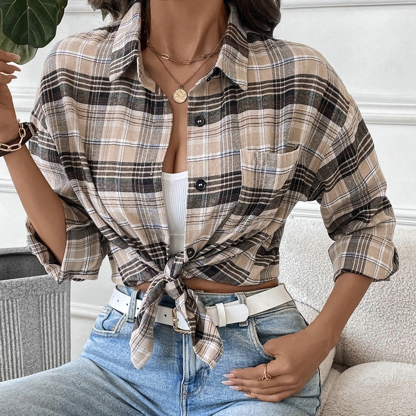 Ladies Long-Sleeved Casual All-Match Button-Down Plaid Shirt