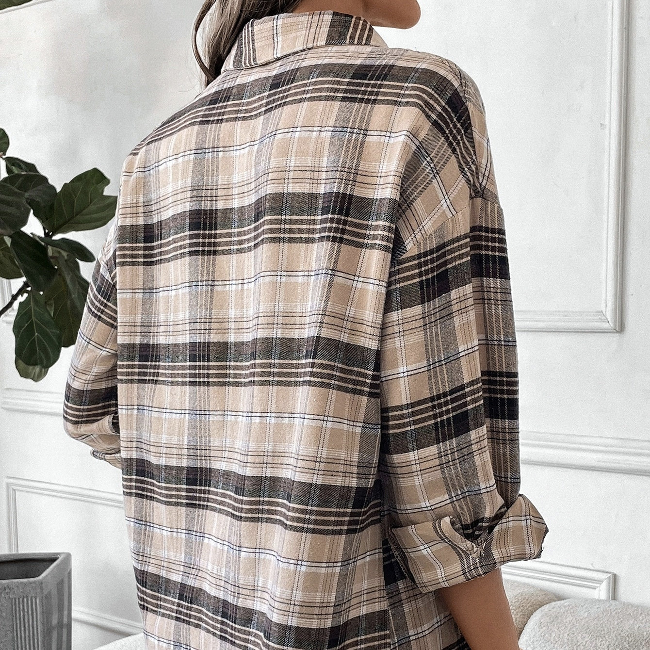 Ladies Long-Sleeved Casual All-Match Button-Down Plaid Shirt