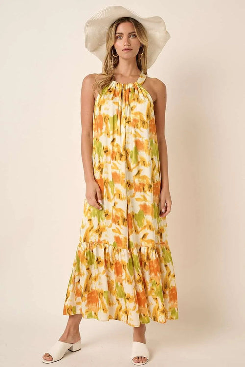 Mittoshop Watercolor Print Halter Neck Satin Maxi Dress