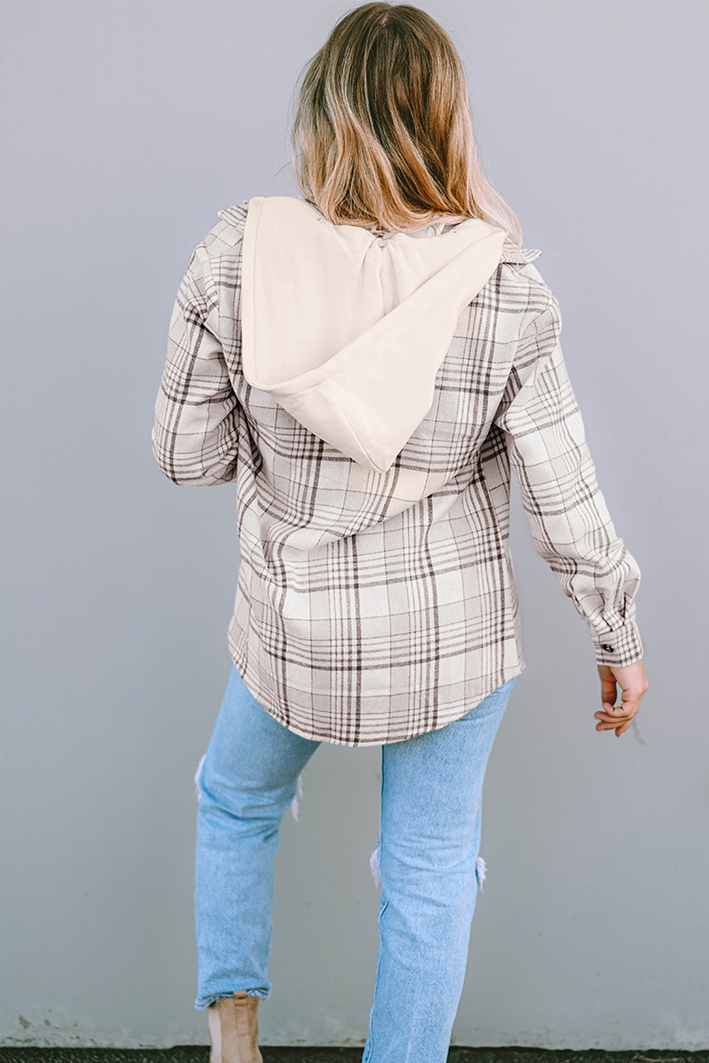 Khaki Plaid Removable Hood Buttoned Shacket Sto