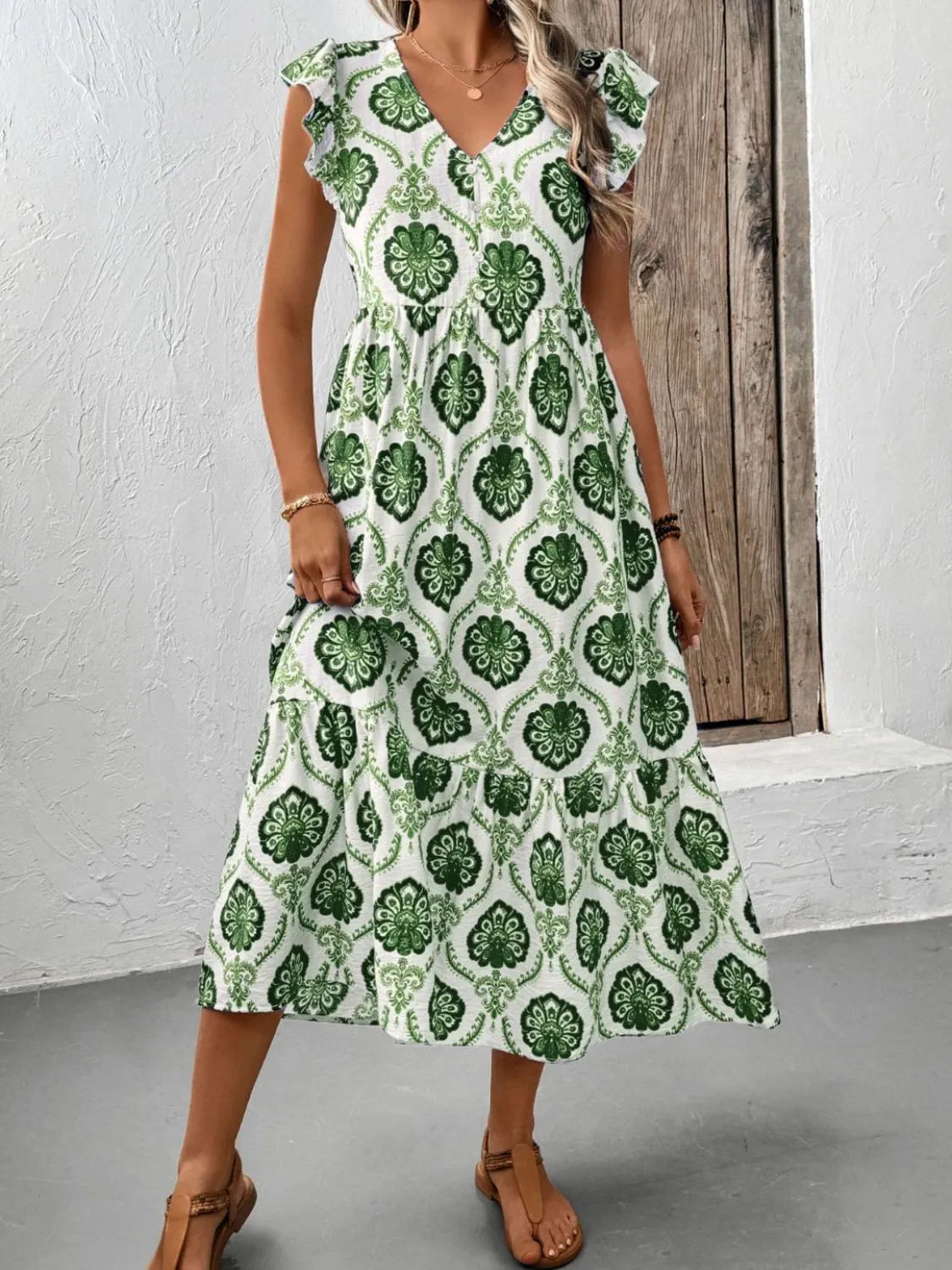 Ruffled Printed V-Neck Cap Sleeve Dress