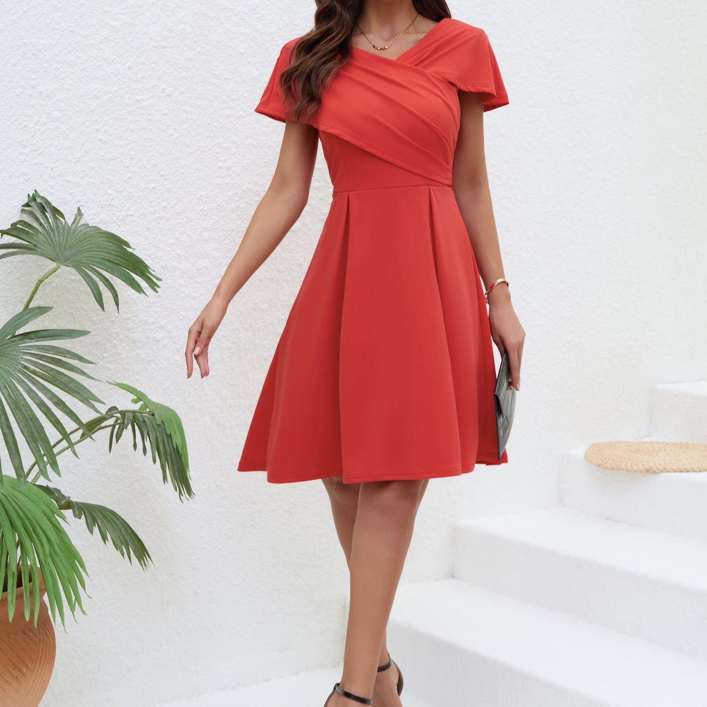 Women Solid Color V-Neck Slim Waist A-Line Dress