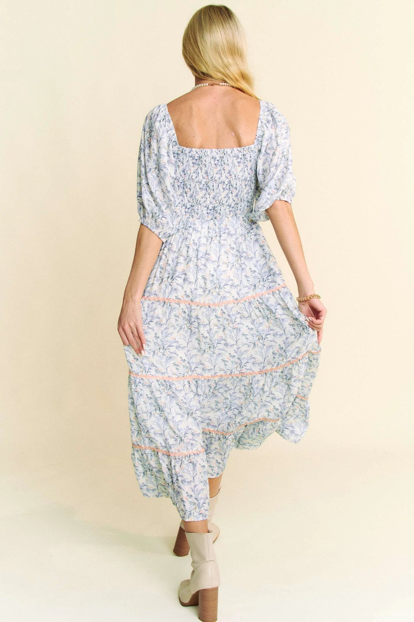 Davi & Dani Contrast Ric Smocking Bodice Tiered Midi Dress