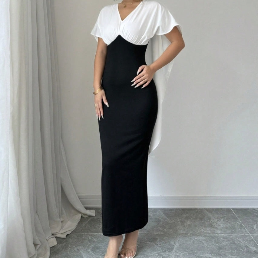 Ladies Elegant Casual V-Neck Colorblock Dress
