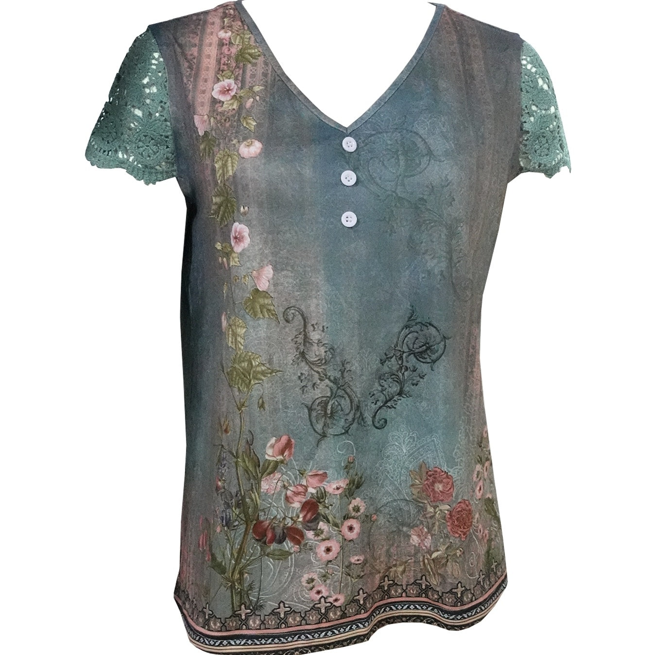 Women Floral Print Fashionable All-Match Lace Short Sleeves